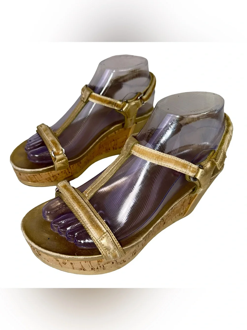 PRADA GOLD WEDGE SANDALS WITH CORK PLATFORMS